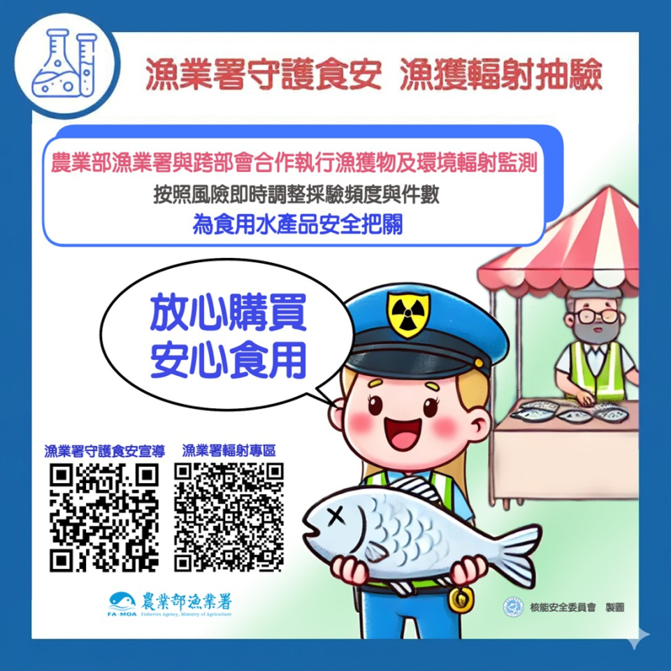 農業部漁業署與跨部會合作執行漁獲物及環境輻射監測，按照風險即時調整採驗頻度與件數，為食用水產品安全把關。放心購買，安心食用。圖片
